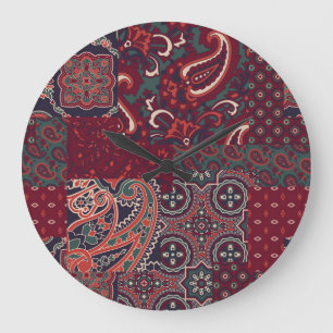Cashmere Paisley Silk: Abstract Vintage Patchwork Large Clock