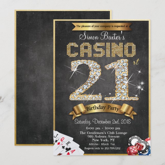 Casino 21st Gold Diamond Birthday Invitation (Front/Back)