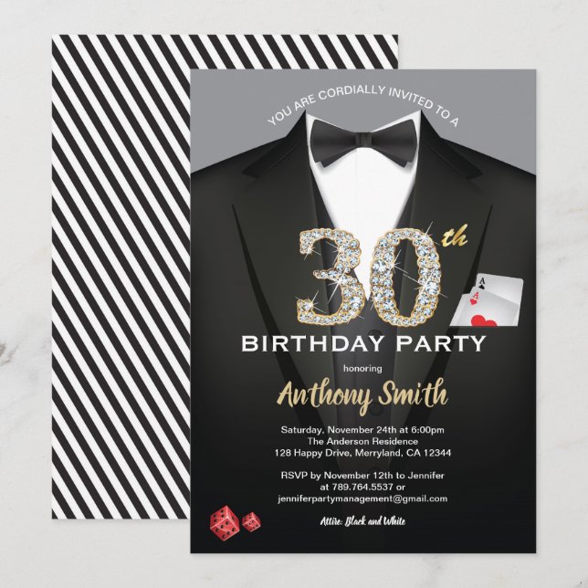 Casino 30th birthday invitation. Black and white Invitation (Front/Back)