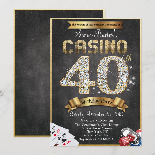 Casino 40th Gold Diamond Birthday Invitation (Front/Back)