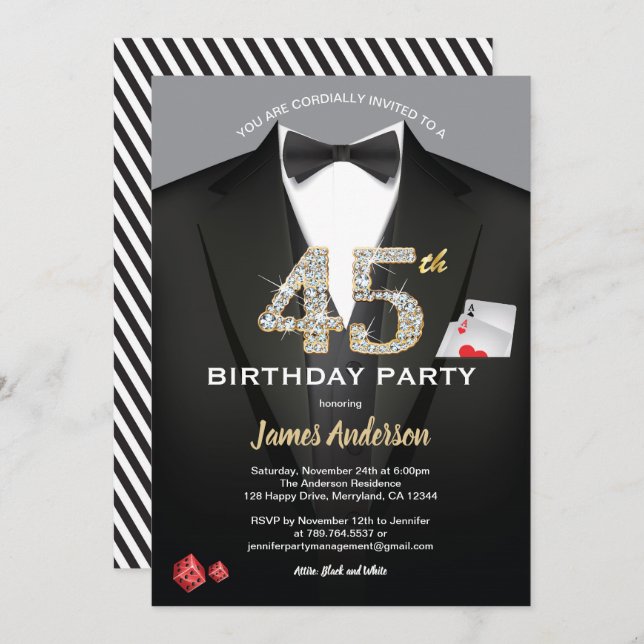 Casino 45th birthday invitation. Black and gold Invitation (Front/Back)