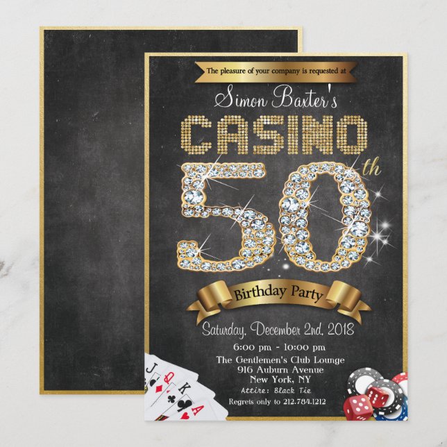 Casino 50th Gold Diamond Birthday Invitation (Front/Back)