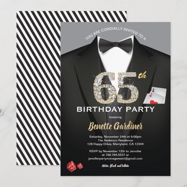 Casino 65th birthday invitation. Black and gold Invitation (Front/Back)