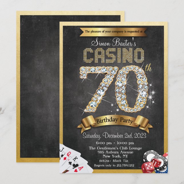 Casino 70th Gold Diamond Birthday Invitation (Front/Back)