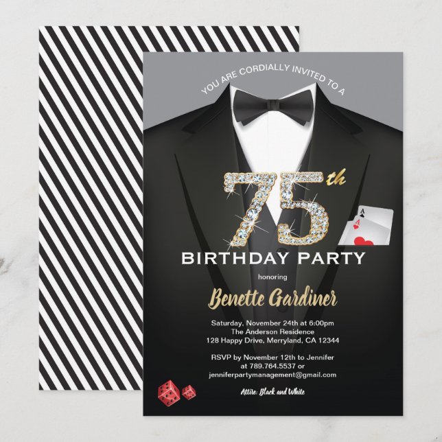 Casino 75th birthday invitation. Black and gold Invitation (Front/Back)