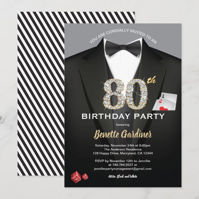 Casino 80th birthday invitation. Black and gold Invitation (Front/Back)