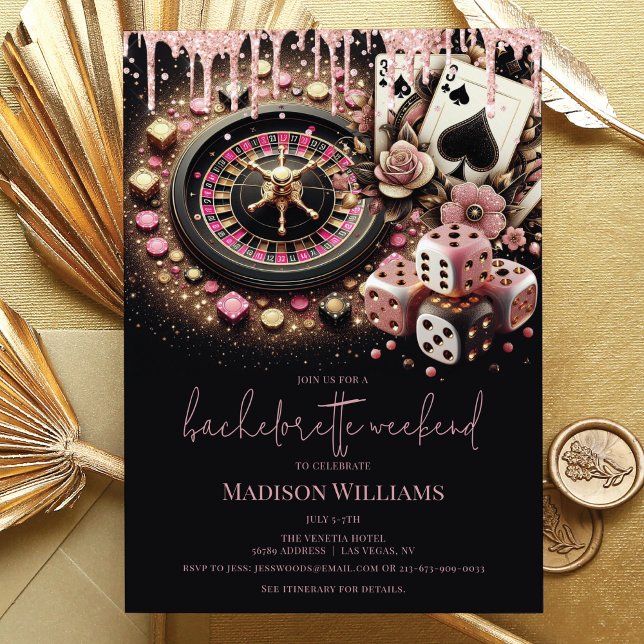 Casino Bachelorette Luxury Black Pink Gold Invitation (Creator Uploaded)