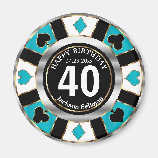 Casino Chip Las Vegas Birthday - Turquoise Blue Magnet (Front)
