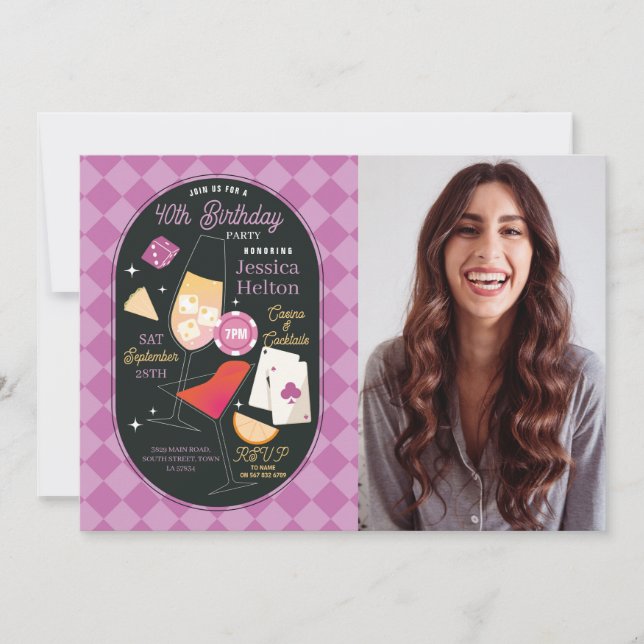 Casino Cocktails Las Vegas Birthday Photo Pink Invitation (Front)