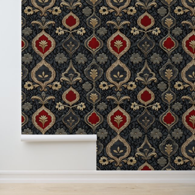 Casino Gambling Games Red & Black Damask Royal Wallpaper (Application)