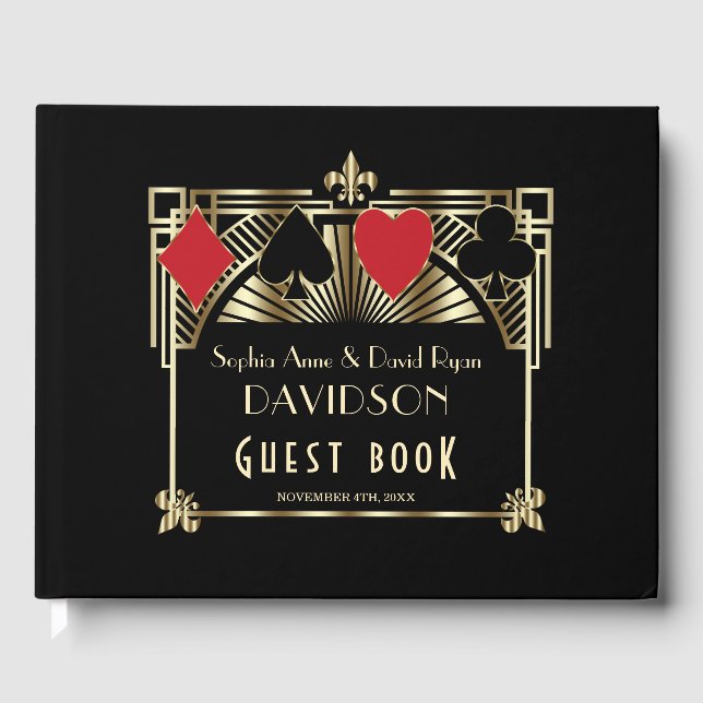 Casino Gold Black Art Deco Roaring 20s Wedding Guest Book (Front)