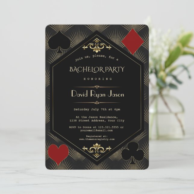 Casino Gold Black Gatsby 20s Bachelor Party Invitation (Standing Front)