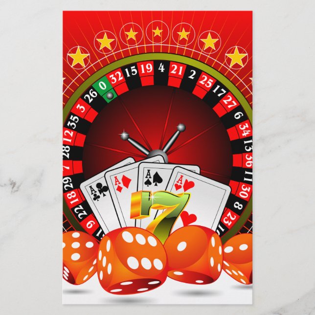 Casino illustration with roulette wheel and dices (Front)