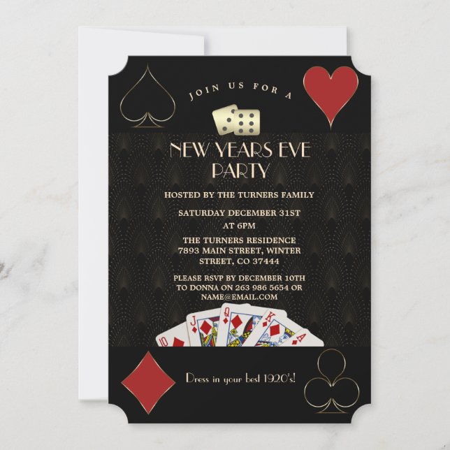 Casino Las Vegas Gold Great Gatsby New Years Eve Invitation (Front)