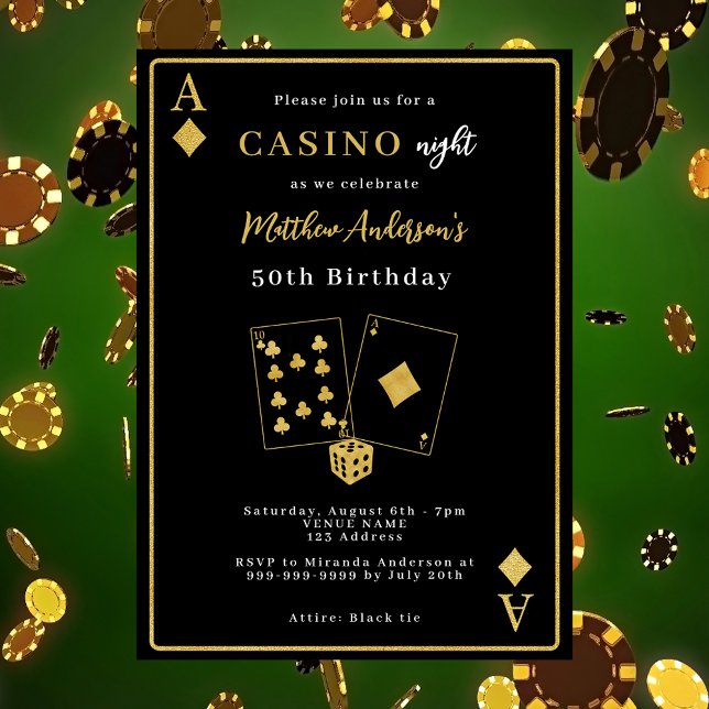 Casino night black gold birthday invitation (Creator Uploaded)
