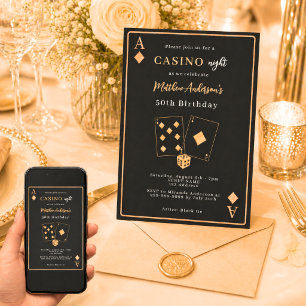 Casino night black gold premium birthday invitation