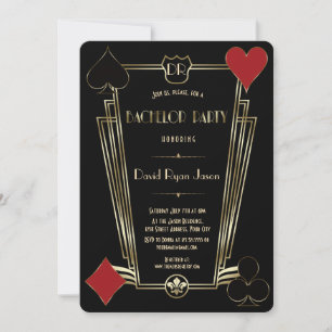 Casino Night Gold Art Deco Monogram Bachelor Party Invitation