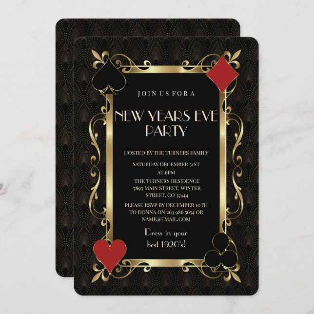 Casino Night Gold Art Deco New Years Eve Party Invitation (Front/Back)