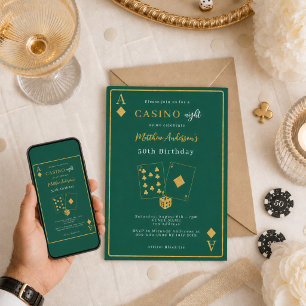 Casino night green gold birthday invitation