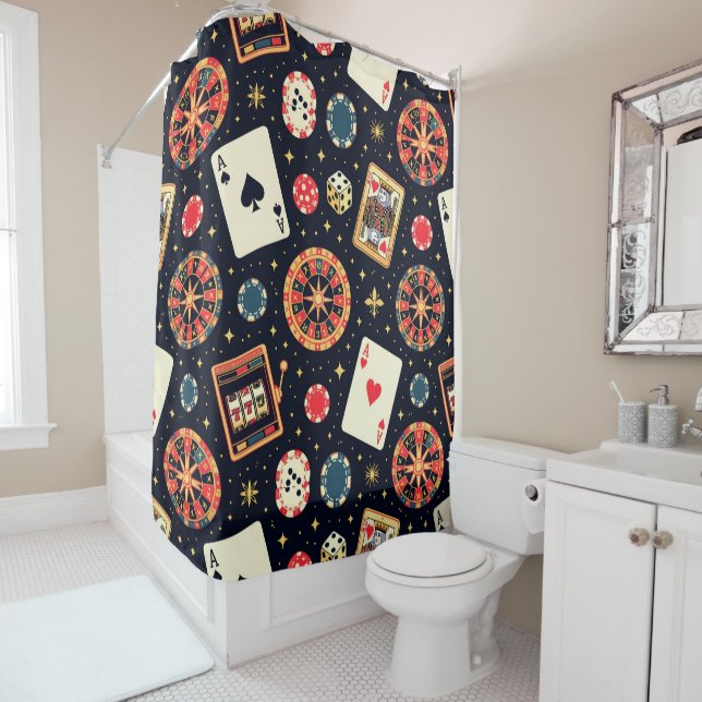 Casino pattern theme on black shower curtain (In Situ)