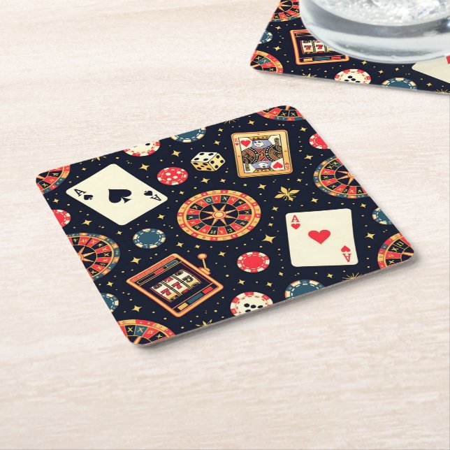 Casino pattern theme on black square paper coaster (Angled)