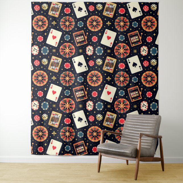 Casino pattern theme on black tapestry (In Situ)