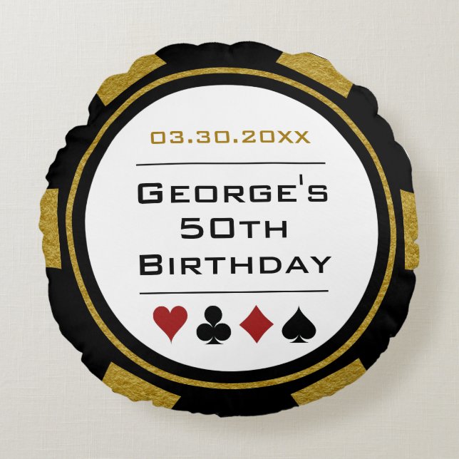 Casino Poker Chip Black and Gold Birthday Round Cushion (Front)
