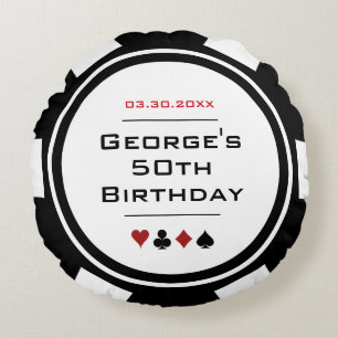 Casino Poker Chip Black and White Birthday Round Cushion