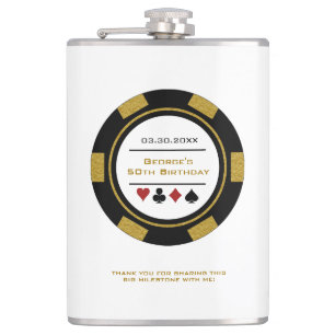 Casino Poker Chip Black Gold White Birthday Flask