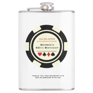 Casino Poker Chip Black Off-White Birthday Hip Flask