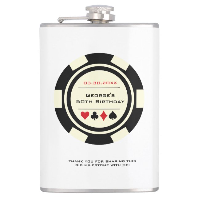 Casino Poker Chip Black Off-White Birthday Hip Flask (Front)