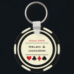 Casino Poker Chip Black Off-White Wedding Favour Key Ring<br><div class="desc">Getting married in Las Vegas or maybe you're having a casino themed wedding? These white and black keychains would make a perfect idea for your guest's favours. Personalise the design with your names in black in the centre,  and a wedding date,  thank you,  etc. in red on top.</div>