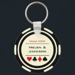 Casino Poker Chip Black Off-White Wedding Favour Key Ring<br><div class="desc">Getting married in Las Vegas or maybe you're having a casino themed wedding? These white and black keychains would make a perfect idea for your guest's favours. Personalise the design with your names in black in the centre,  and a wedding date,  thank you,  etc. in red on top.</div>