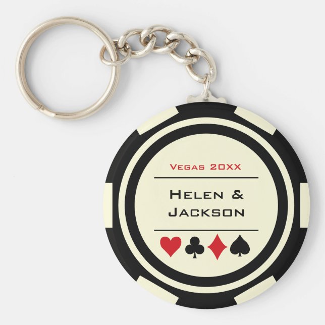 Casino Poker Chip Black Off-White Wedding Favour Key Ring (Front)
