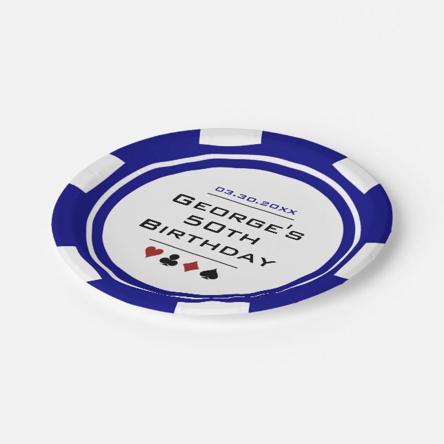 Casino Poker Chip Blue White Las Vegas Birthday Paper Plate (Angled)