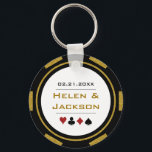 Casino Poker Chip Gold Black White Wedding Favor Key Ring<br><div class="desc">Getting married in Las Vegas or maybe you're having a casino themed wedding? These gold,  black,  and white keychains would make a perfect idea for your guest's favors. Personalize the design with your names in gold in the center,  and a wedding date,  thank you,  etc. in black on top.</div>