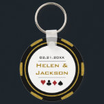 Casino Poker Chip Gold Black White Wedding Favor Key Ring<br><div class="desc">Getting married in Las Vegas or maybe you're having a casino themed wedding? These gold,  black,  and white keychains would make a perfect idea for your guest's favors. Personalize the design with your names in gold in the center,  and a wedding date,  thank you,  etc. in black on top.</div>
