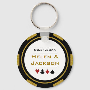 Casino Poker Chip Gold Black White Wedding Favor Key Ring