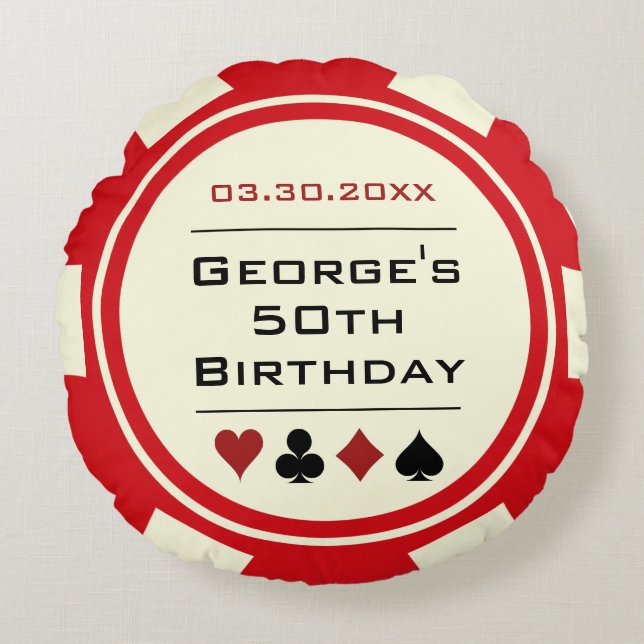 Casino Poker Chip Red and Cream Birthday Round Cushion (Front)