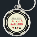 Casino Poker Chip Red Black Cream Wedding Favour Key Ring<br><div class="desc">Getting married in Las Vegas or maybe you're having a casino themed wedding? These black,  red,  and off-white keychains would make a perfect idea for your guest's favours. Personalise the design with your names in red in the centre,  and a wedding date,  thank you,  etc. in black on top.</div>