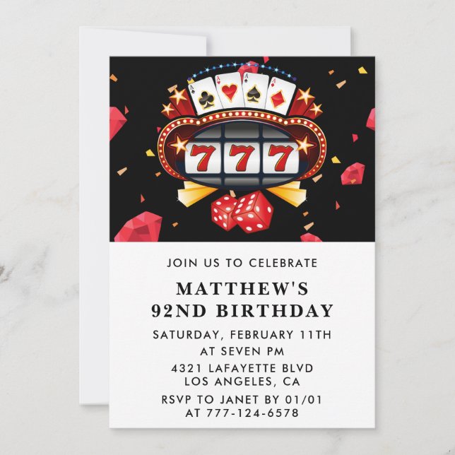 Casino Poker Dice Roulette 92nd birthday Invitation (Front)
