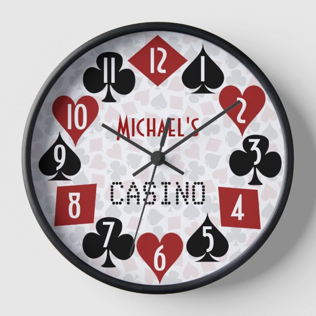 Casino Poker Room Suits Customisable Name Text Wall Clock (Front)
