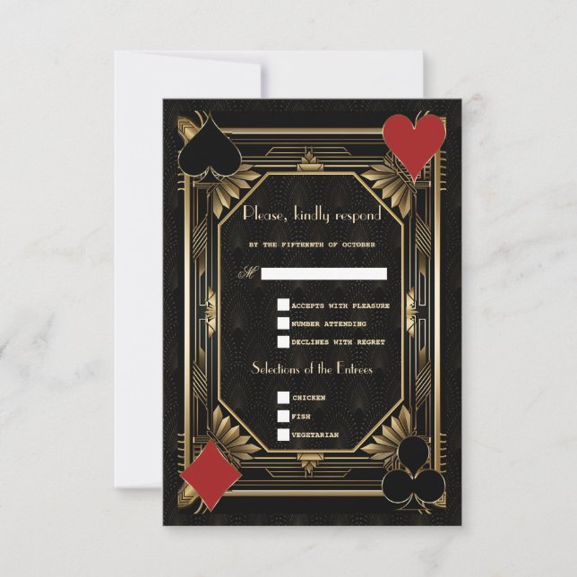 Casino Royale Gold Black Art Deco 20s Wedding RSVP Card (Front)