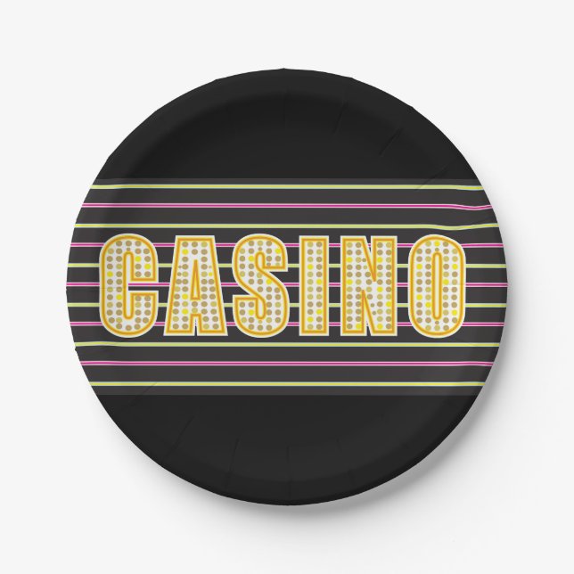 Casino Sign with Neon Polka Dot Letters Paper Plate (Front)