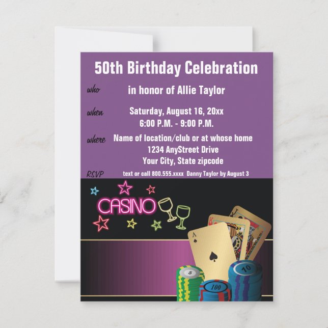 Casino Theme 50th Birthday Celebration purple Invitation (Front)