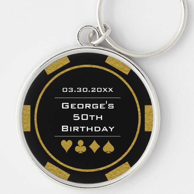 Casino Theme Black Gold Poker Chip Birthday Key Ring (Front)