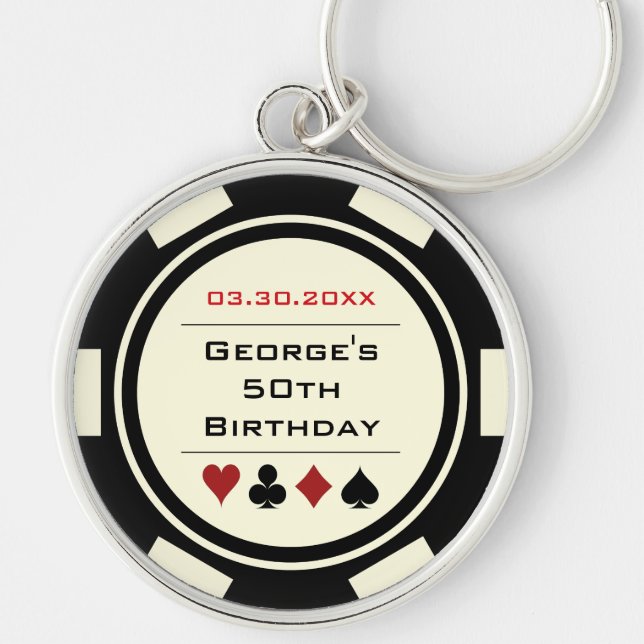 Casino Theme Black White Poker Chip Birthday Key Ring (Front)