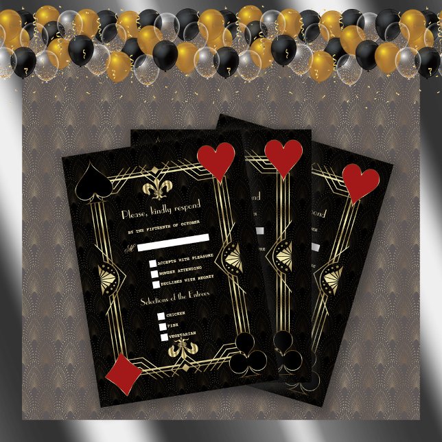 Casino Vegas Gold Black Art Deco 20s Wedding RSVP Card (Creator Uploaded)