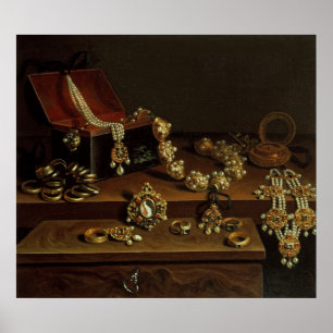 Casket of jewels on a table poster