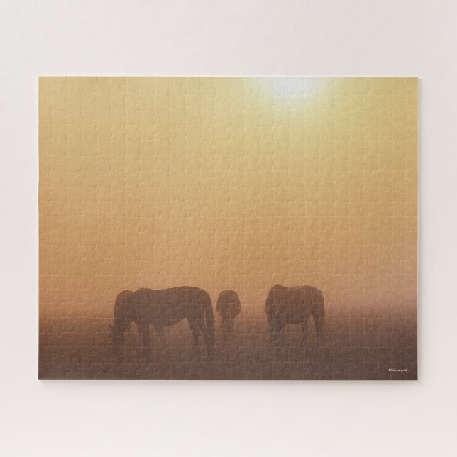 Caspian Ponies Grazing In Mist Sunrise Jigsaw Puzzle (Horizontal)